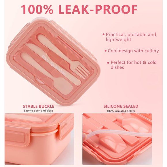 Bento Box voor kinderen en volwassenen, lunchbox voor volwassenen, broodtrommel met 3 vakken, lunchbox voor volwassenen en kinderen, met lepel en vork, magnetron- en vaatwasmachinebestendig