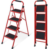 Trapladder, vouwladder met antislip en breed pedaal, kleine ladder met handvat, robuuste stalen ladder, lichtgewicht en draagbare trapladder (rood, 4 treden met leuningen)