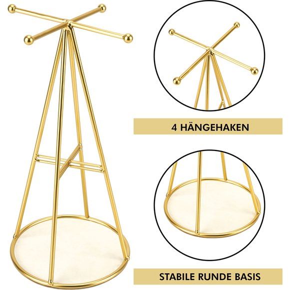 Belle Vous Gouden Pyramide Sieraden Houder Display Standaard met Ronde Basis - H29 cm - Hangende Organizer Boom/Toren - Metalen Opslag Rek voor Kettingen, Armbanden, Ringen & Oorbellen