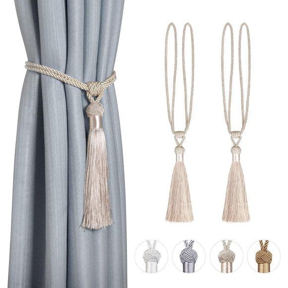 2 stuks gordijnhouders, embrasses, gordijnhouders, polyester, katoen, touw met kwastjes, decoratief raam, eenkleurige gordijnen, accessoires, beige