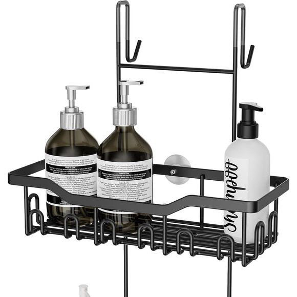 Doucheplank om op te hangen, 3-deurs doucheplank zonder boren, doucheplank, badrek, douchemand, hangend, shampoohouder, douchehangrek voor glazen deur, douchewand met zeepbakje en haak (zwart)