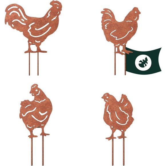 Kippen met kraan, tuindecoratie, roest, haan decoratie, kippendecoratie, tuinsteker, roest, kippen en haan van ijzer (zilver), roestdecoratie, tuindecoratie voor tuin, balkon en terras