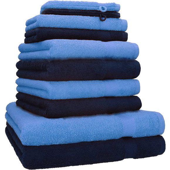 Betz 10-delige handdoekenset premium 100% katoen 2 douchehanddoeken 4 handdoeken 2 gastendoekjes 2 washandjes kleur donkerblauw & lichtblauw