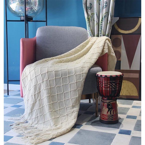 Woondeken, zacht gebreide wollen deken, kwastjes, knuffeldeken, sofadeken, slaapdeken, deken, deken, beige, 125 x 210 cm