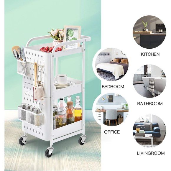 Rolwagen, 3 verdiepingen, metaal, keukenwagen, smal, multifunctionele trolley voor keuken, cosmetica, plankwagen met geperforeerde plaat, wielen, haken, manden, handgrepen, parkeerwielen.