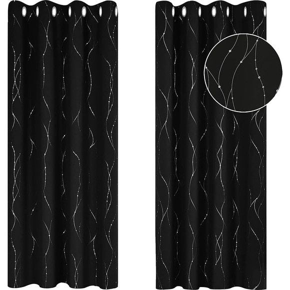 Zwart Gordijnen, Stippellijn Folie Afgedrukt Thermisch Geïsoleerde Verduisterende Gordijnen, Raambehandeling Gordijnen voor Slaapkamer, 117 x 138 cm(Breedte x Hoogte), 2 panelen