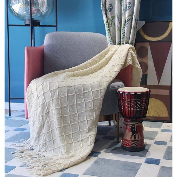 Woondeken, zacht gebreide wollen deken, kwastjes, knuffeldeken, bankdeken, slaapdeken, deken, beige, 125 x 210 cm