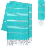 Set van 2 premium hamamdoeken met handgeknoopte franjes, 100% katoen, XXL strandhanddoek, 100 x 200 cm, Oeko-TEX 100, grote strandhanddoek, saunahanddoek en reishanddoek, turquoise