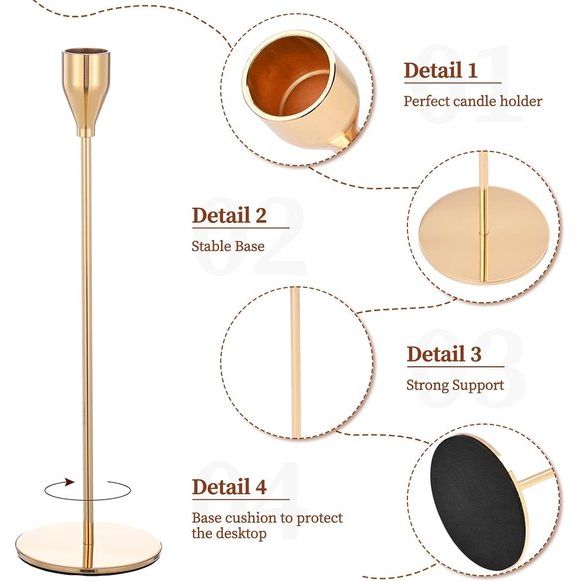 Set van 12 kandelaars, Franse goudkleurige kandelaars, geschikt voor kaarsen met een dikte van 3/4 inch, hoge metalen kandelaar voor bruiloften, woondecoratie en kaarslicht diners.