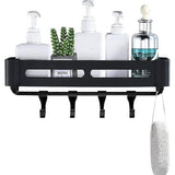 Badkamerplank zwart douchemandje en keukenopberger zonder boormachine. Roestbestendige aluminium badkamerwagen voor wandmontage met 6 haken