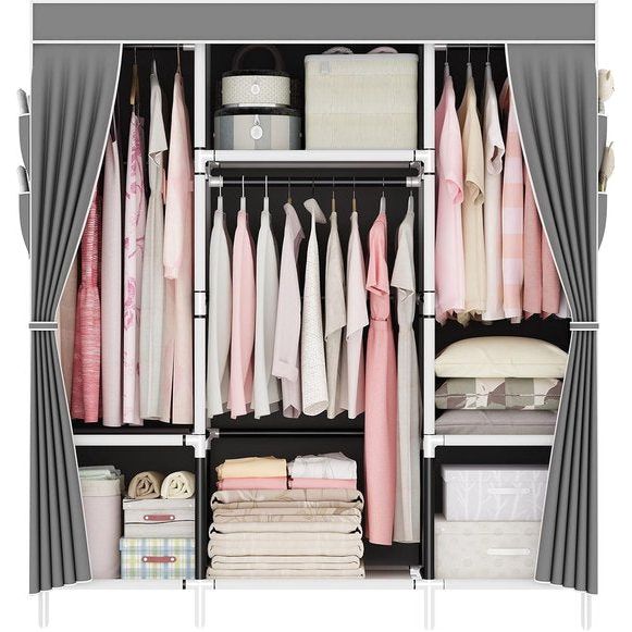 Open kledingkast, stoffen kast met ritssluiting, kledingkast met 3 kledingstangen, 3 vakken en 4 zijvakken, vouwkast, 175 x 150 x 45 cm, voor kleedkamer, slaapkamer, grijs