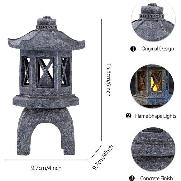 Japanse stenen lantaarn pagode beeld 15,8 cm zonne-licht pagode tuinfiguur gemaakt van vorstbestendig hars Zen-tuindecoratie voor buitenterras tuin landschap patio veranda