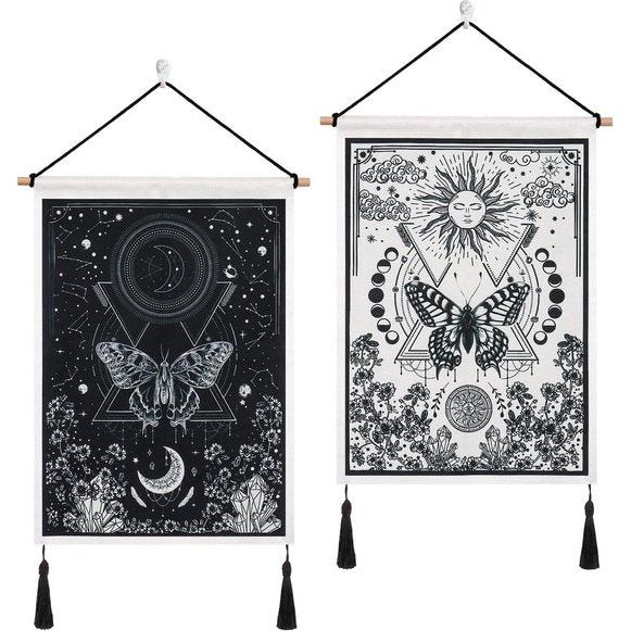 Pack of 2 Small Tapestries with Tassels, Sun and Moon Tapestry Tarot Wall Hanging Butterfly Moth Tapestry Black and White Tapestry for Bedroom Aesthetics (Moon Eclipse)