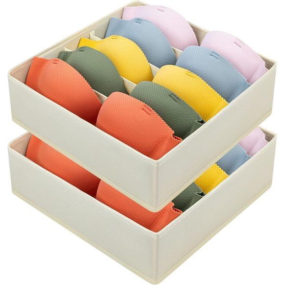 2 stuks opbergdozen, 6 cellen opvouwbare lade-organizer voor ondergoed, stoffen box, lade-organizer voor het bewaren van beha's, ladeverdeler, thuis, slaapzaal, kledingkast, beige
