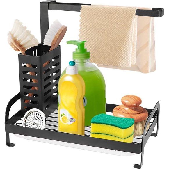 Gootsteensponshouder Keuken 3 in 1 Gootsteenorganizer Theedoekopslag Gootsteenopslag Keukenspons Stalen spoelbak met afdruiprek Zwart