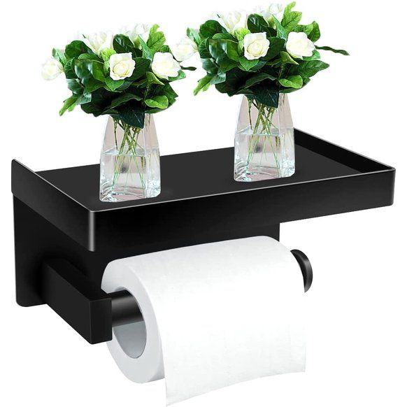 Toiletrolhouder zonder boren met plank toiletrolhouder RVS papierhouder zelfklevende toiletrolhouder wandmontage papierhouder voor keuken en badkamer zwart