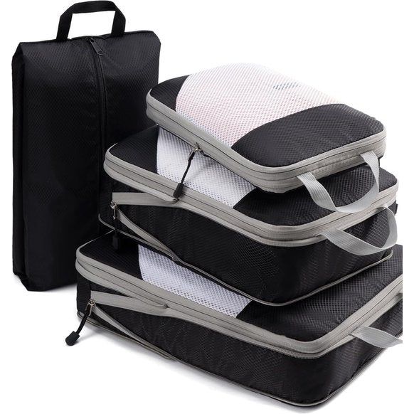 Compressie koffer-organizer, verpakkingskubus, bagage, opslag, tassen, kledingtassen, verpakkingskubus, paktassen (zwart, 4 stuks)