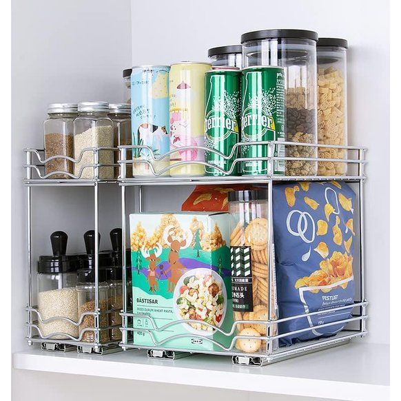 Kruidenrek, organizer, uittrekbare keukenkast, met kastrek, opbergrek 2 etages, voor keuken, flessen, olie, ingrediënten, glazen, koken (zilver, 28 x 23 x 26 cm)