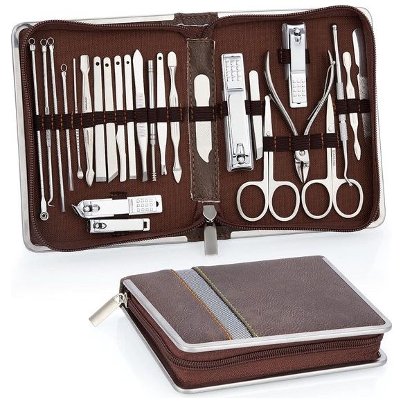 Manicure set, 26-delige professionele nagelknipper set, roestvrij staal, gereedschap voor manicure en pedicure, nagelriemreiniging, geavanceerd ontwerp met ritssluiting, bruin