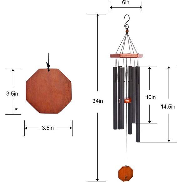 Premium windgong 34", 6 metalen buizen windgong, gong voor tuin, terras, tuin en huisdecoratie (zwart)