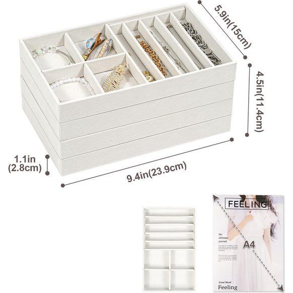 Sieradenbak-organizerset met 4 sieradenkommen, stapelbare sieradenlade-organizer, sieradeninzet sieradenopslag voor kettingen, armbanden, oorbellen, ringen, horloges - warm wit