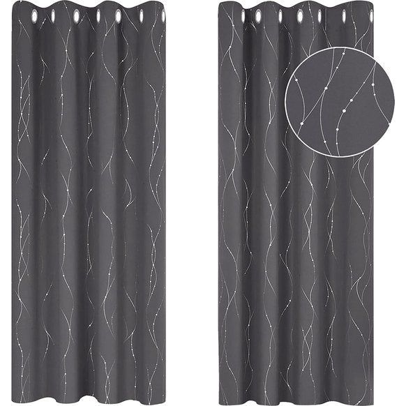 Slaapkamer Gordijnen Gestippelde Lijn Folie Gedrukt Thermisch Geïsoleerde Raambehandeling Oogje Verduisterende Gordijnen voor Woonkamer 117 x 138 cm(Breedte x Hoogte), Donkergrijs, Twee Panelen
