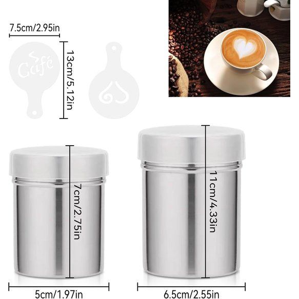 RVS poederstrooier, 2 stuks chocoladestrooier, cacaostrooier voor cappuccino, poedersuikerstrooier, poedersuikerstrooier, poedersuikermolen, cacaostrooier, schudbeker met deksel, meelstrooier, meelzeef