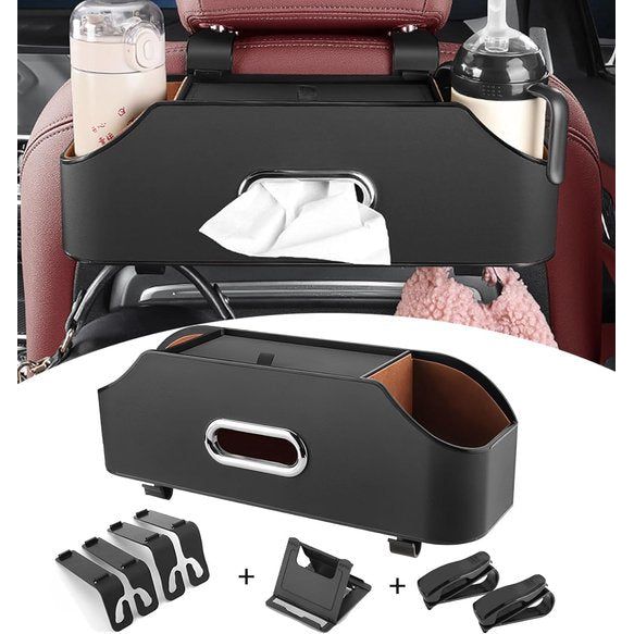 Auto achterbank-organizer voor de autohoofdsteunen, opbergdoos voor autostoelen met 2 bekerhouders, zakdoekbox, 2 brillenhouders voor auto, multifunctionele auto-organizer