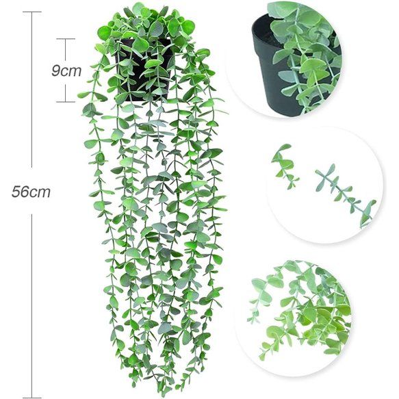 2 stuks kunstmatige potplanten, hangende eucalyptusplanten in pot, namaak-eucalyptusplanten, potplanten met pot, kunstmatige hangplant, groene wijnstokken voor binnen, buiten, muur, decoratie