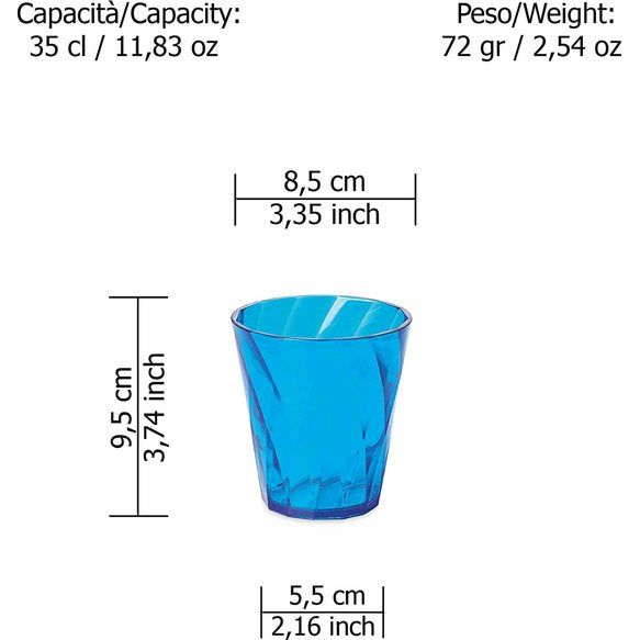 Set waterglazen, Set van 4 gekleurde plastic glazen in transparant acryl (Bpa-vrij), 35cl inhoud, Made in Italy, Diamond-effect afwerking, Diamond line, Turkoois