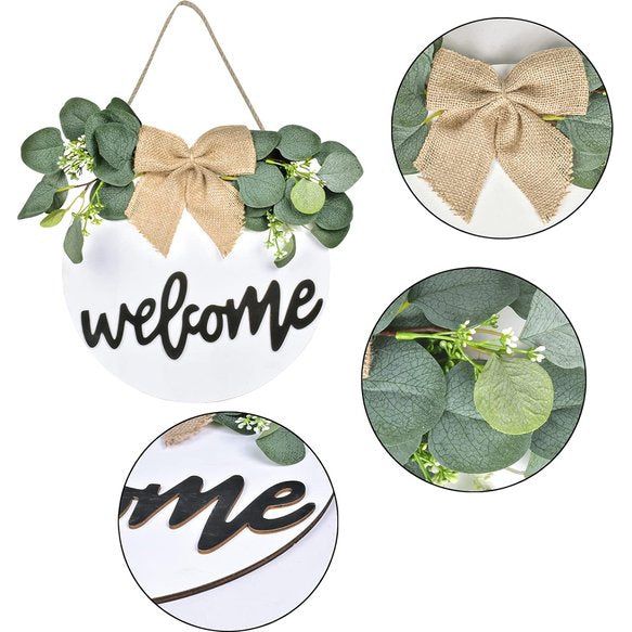 Welkomstbord voordeur hangend, welkomstkrans voordeur, houten bord rond om op te hangen, rustiek houten muurbord, welkomstdeurbord voordeurdecoratie voor boerderij, veranda (wit)