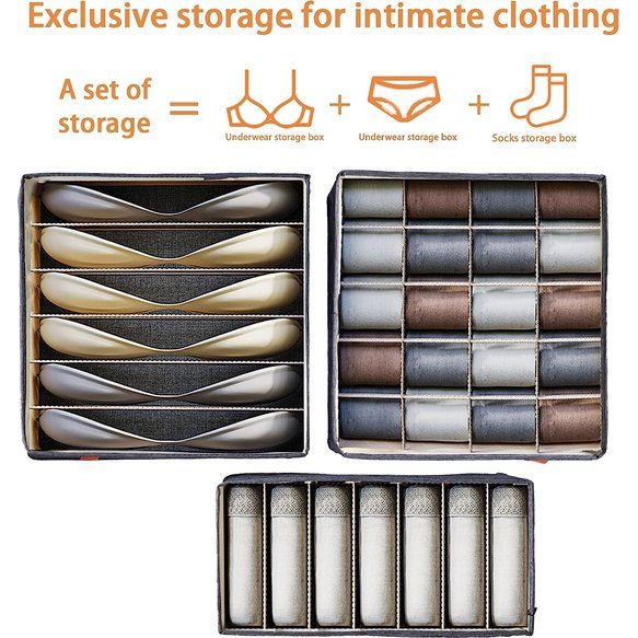 Opvouwbare ondergoedorganizer voor lade, 3-delige set, 6 vakken, 7 vakken, 20 vakken, handig voor het opbergen van sokken (6 + 7 + 20)