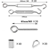 Staalkabel 2 mm kabelspannerset, 304 roestvrijstalen hekspanner draadspanner, 10 stuks spanschroef M5, 20 stuks oogschroeven, 40 stuks krimplus, vingerhoeden, voor 2 mm staaldraad, waslijn