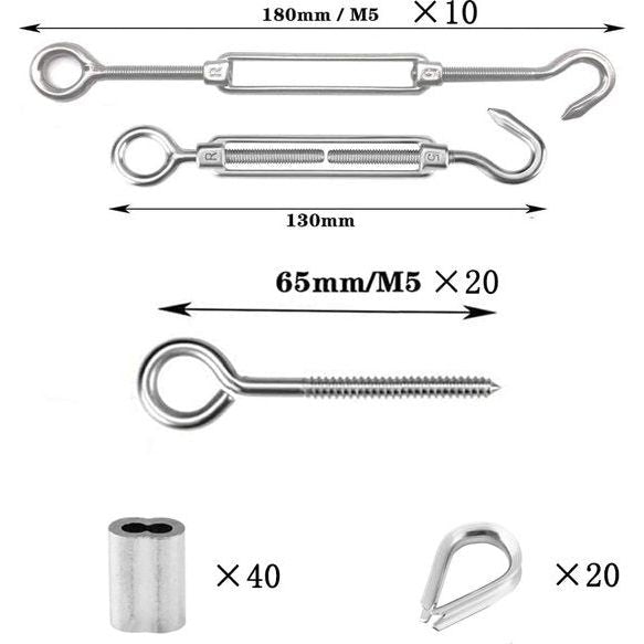 Staalkabel 2 mm kabelspannerset, 304 roestvrijstalen hekspanner draadspanner, 10 stuks spanschroef M5, 20 stuks oogschroeven, 40 stuks krimplus, vingerhoeden, voor 2 mm staaldraad, waslijn