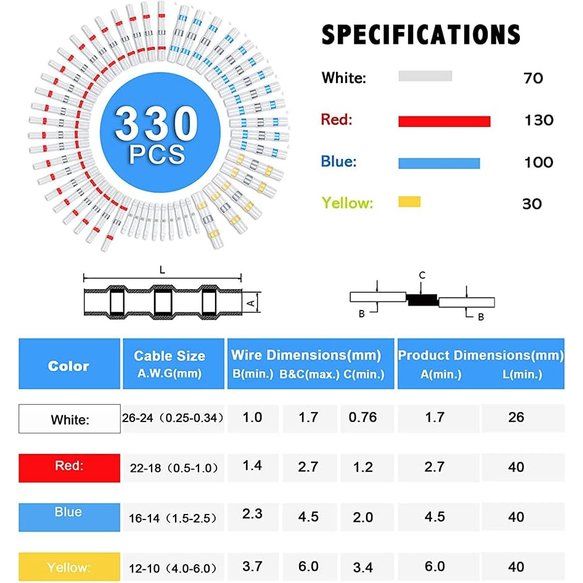 330 stuks Soldeerconnectoren met krimpkous, waterdichte kabelconnectoren, heat shrink welds, fusion connector, gelaste connectorset, kabelconnector, soldeerconnector