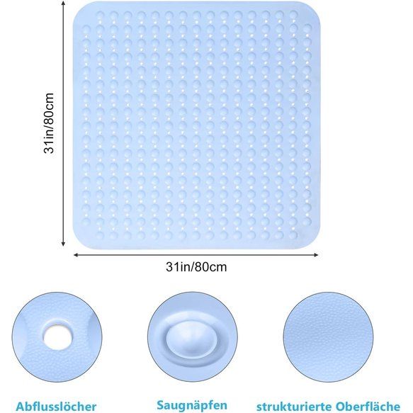 Douchemat, antislip, 80 x 80 cm, douchemat, antislipmat met zuignappen voor douche of badkuip, grote vierkante douchemat (blauw B, 80 x 80 cm)