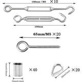 3mm staalkabelspannerset, 10 stuks M5 touwspanner spanschroef RVS, 20 stuks M5 oogschroeven, M3 vingerhoeden, 40 stuks M3 krimplus, draadspanner hekspanner voor 3mm kabels en staalkabels