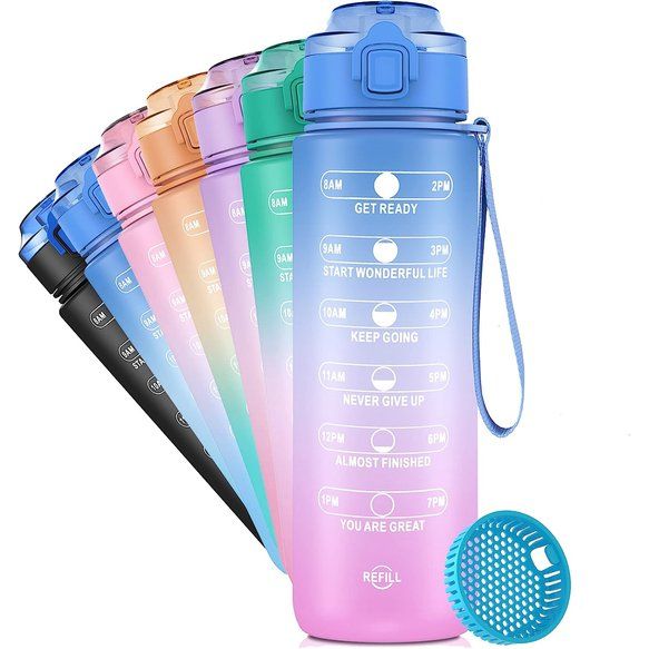 Drinkfles, 1 liter, met filter, BPA-vrije Tritan, Sport drinkfles met zeef, waterfles met scharnierend deksel, Lekvrij, Fietsfles voor Fiets, Outdoor, Yoga, Kinderen (Blauw-roze)