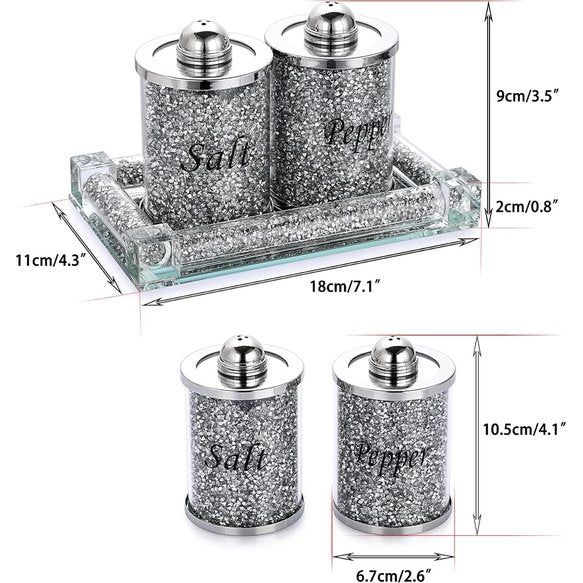 Set van 3 Zout- en Peperstrooiers met Dienblad - Glazen Kristal Geplette Diamanten Zout- en Peperbus Voorraadpotje Koken Kruidenpotje Keukenaccessoires