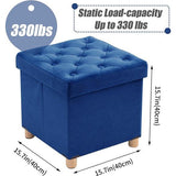 Opvouwbare kruk fluweel met opbergruimte en deksel met houten poten, 40 x 40 x 40 cm, blauw