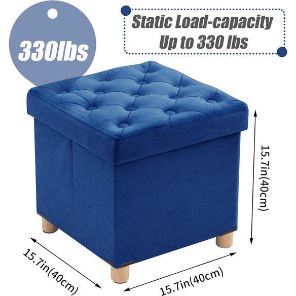 Opvouwbare kruk fluweel met opbergruimte en deksel met houten poten, 40 x 40 x 40 cm, blauw