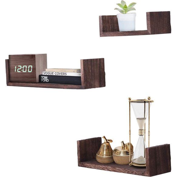Rustiek zwevend rek in U-vorm in vintage design - set van 3 - inclusief schroeven en pluggen - landhuis houten planken voor slaapkamer, woonkamer en meer - rustiek design - bruin