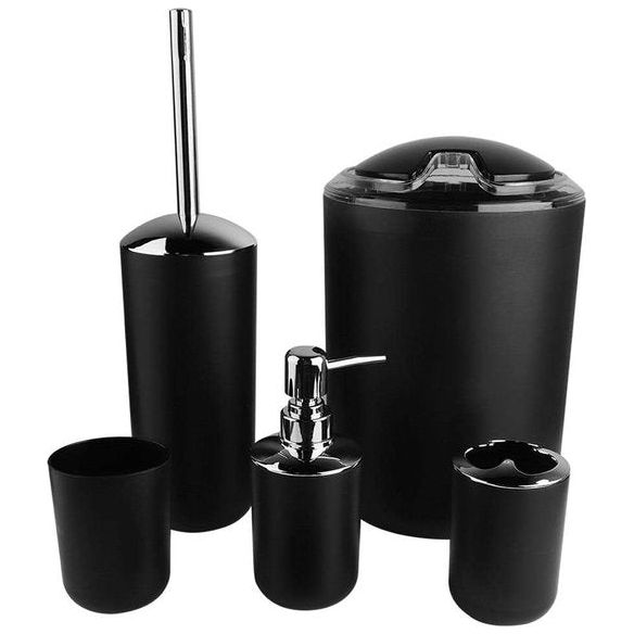 Badkamerset, badkameraccessoires, 6-delige set, tandenborstelhouder, vuilnisbak, toiletborstelhouder, wasbeker, zeepdispenser, perfect voor gezinnen of hotels (zwart)