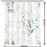 Eucalyptus Shower Curtain, Green Gold Leaves, Textile Shower Curtain, Anti-Mould, Waterproof, Polyester Fabric, Washable, Opaque, Bathroom Curtain with 12 Hooks, 180 W x 220 L cm