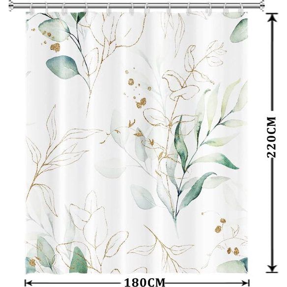 Eucalyptus Shower Curtain, Green Gold Leaves, Textile Shower Curtain, Anti-Mould, Waterproof, Polyester Fabric, Washable, Opaque, Bathroom Curtain with 12 Hooks, 180 W x 220 L cm