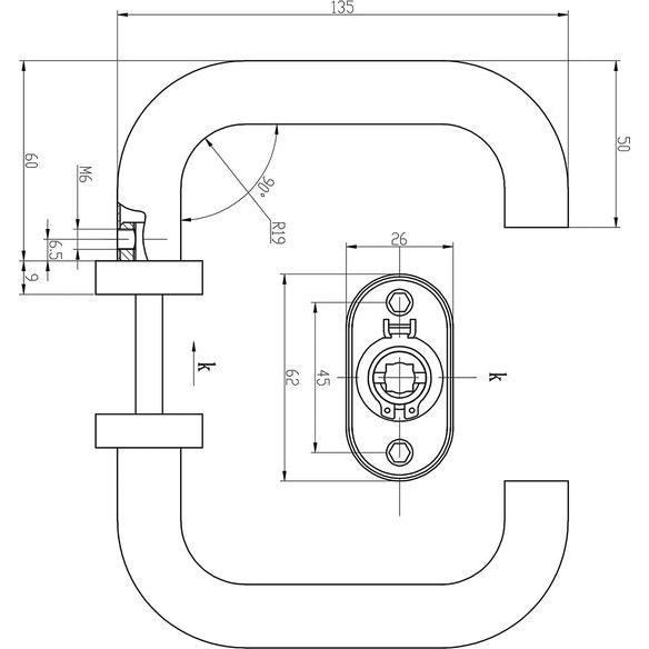 Smalle frame U-vorm PZ krukset op 26x62mm ovale rozet van roestvrij V2A roestvrij staal. Verhaal voor de deur. Geen terugveer. Schroefafstand 45mm.