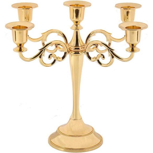 Kandelaar 5-armige kaarsenstandaard kaarsenhouder als tafeldecoratie voor Kerstmis en Thanksgiving (goud)