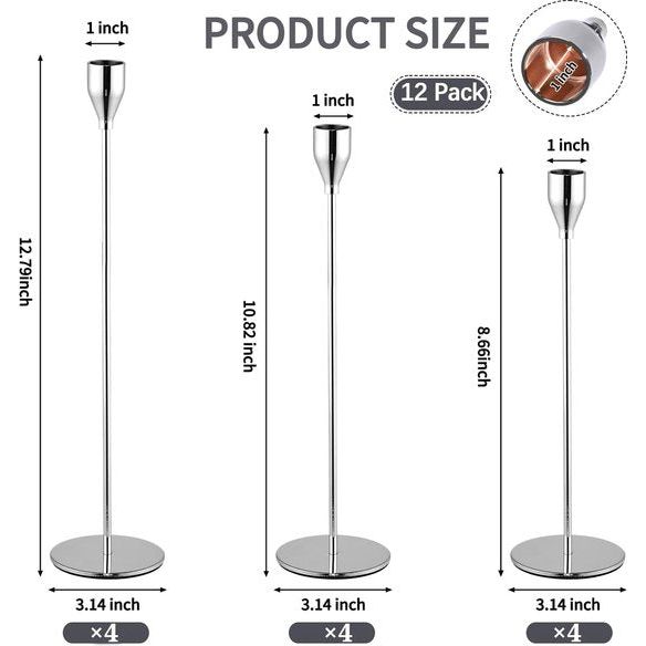 Set van 12 zilveren kandelaars, kandelaars van metaal, hoge kandelaar voor puntige kaarsen, kaarsenhouder voor 3/4 inch dikke kaarsen, voor bruiloft, woonkamer, eetkamer (zilver)