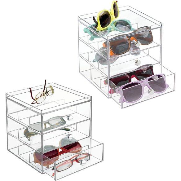 Set van 2 brillensets voor brillendoos voor brillenopslag in 3 lades voor brillen, zonnebrillen en leesbrillen-doorzichtig