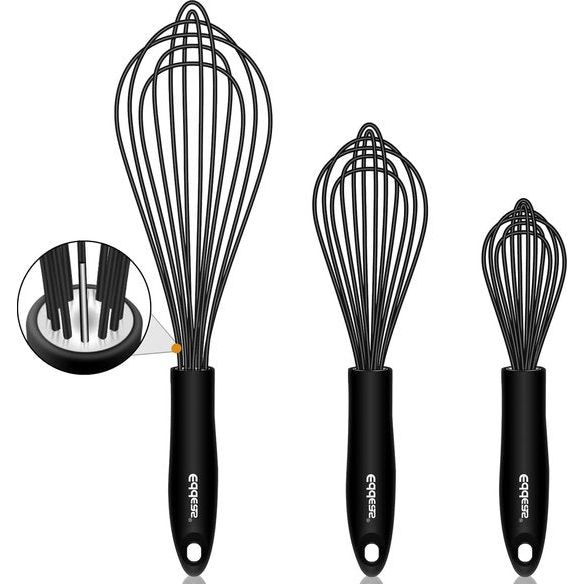 Sneeuwborstel van silicone, geschikt voor levensmiddelen, BPA-vrij, met antiaanbaklaag, in 3-delige set, perfect voor het mixen, garde, roeren, zwart